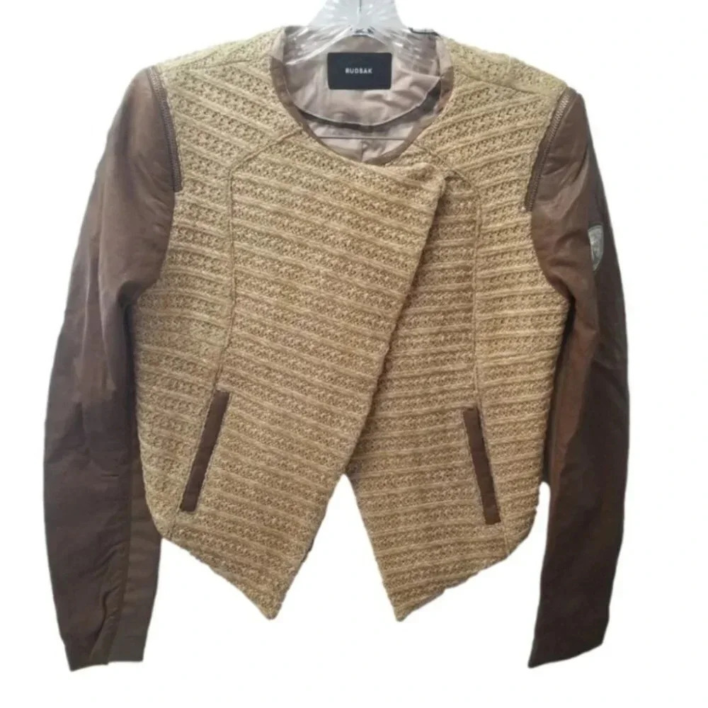 Rudsak Benedetia Straw Leather Cropped Tan  Brown Jacket S